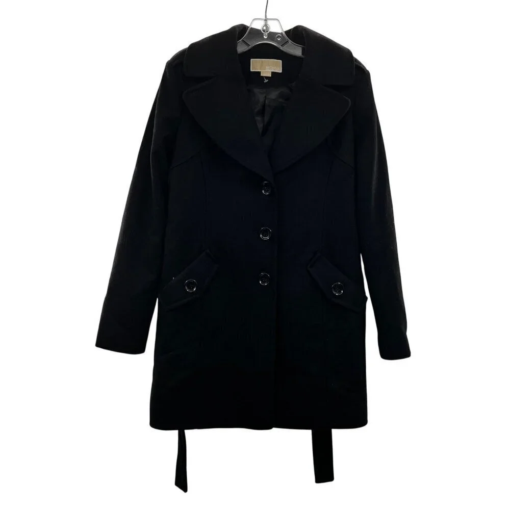 Michael Kors Womens Wool Blend Pea Coat Button Up Black Size 4 Belted